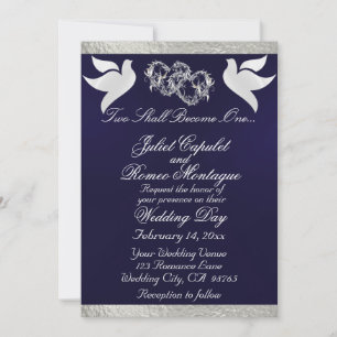 Doves, Hearts & Ribbon, QR Code - Navy Blue/Silver Invitation