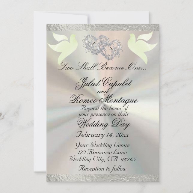 Doves, Hearts & Ribbon, QR Code - White/Silver Invitation (Front)