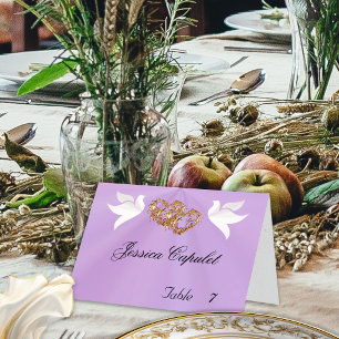 Doves & Linked Hearts Gold/Lavender Place Card
