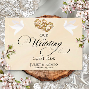 Doves & Linked Hearts - Peach Pearl/Gold Guest Book