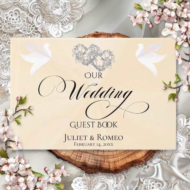 Doves & Linked Hearts - Peach Pearl/Silver Guest Book (Creator Uploaded)