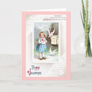 Doves, Mailbox & Girl Vintage Valentine Holiday Card
