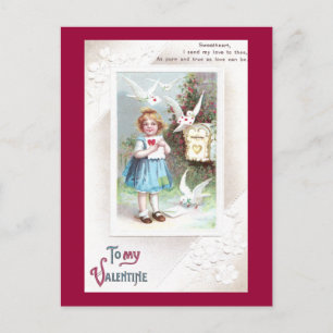Doves, Mailbox & Girl Vintage Valentine Holiday Postcard