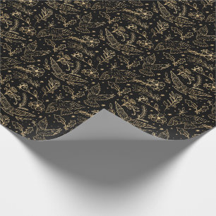 Doves Of Peace Black Shimmer Gold Foil Floral Wrapping Paper