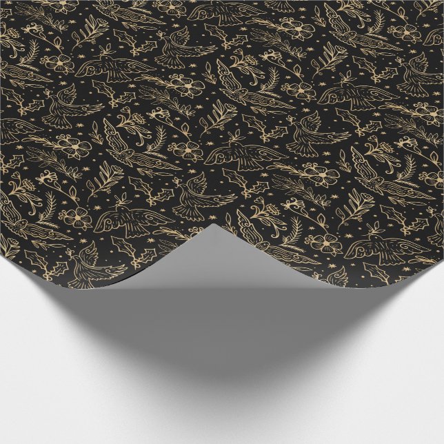 Doves Of Peace Black Shimmer Gold Foil Floral Wrapping Paper (Corner)