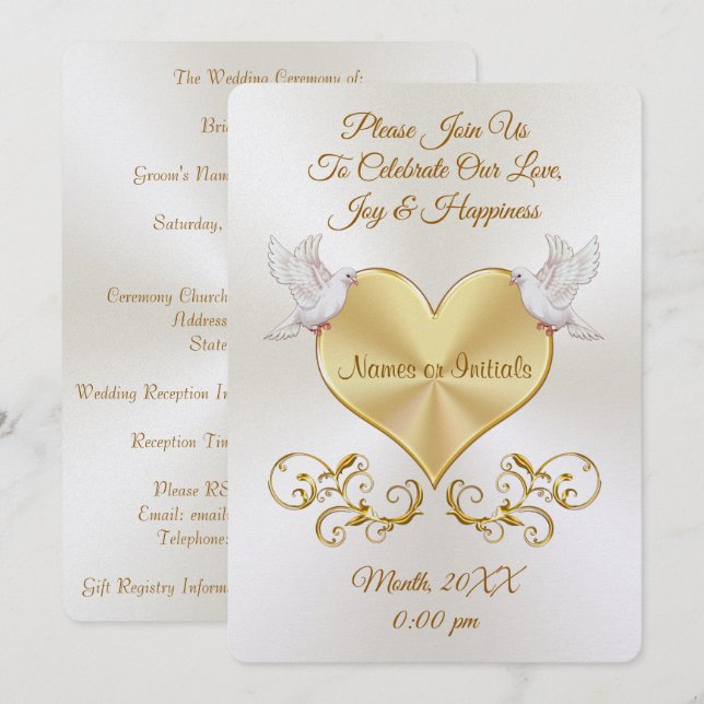Doves over Heart Wedding Invitations Personalised (Front/Back)