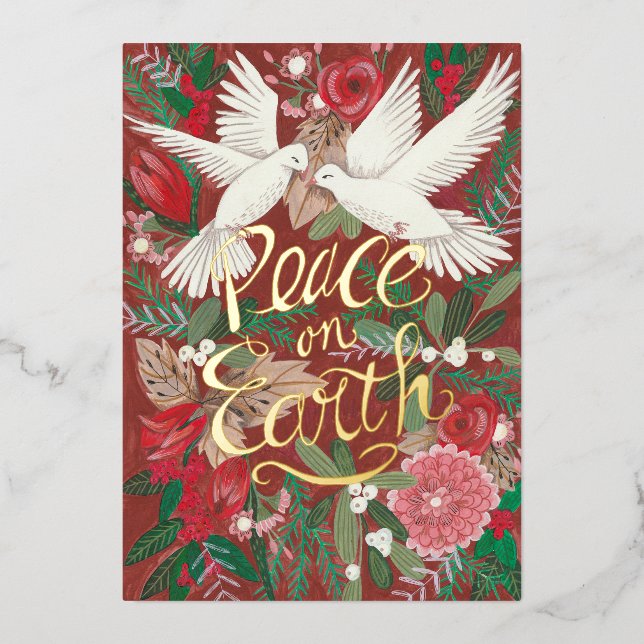 Doves Peace on Earth real Foil Holiday Card (Front)