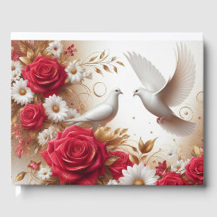 Doves, Red Roses and Daisies Wedding  Guest Book