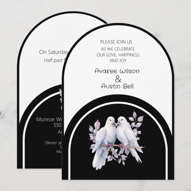 Doves Rings Black and White Arched  Invitation (Front/Back)