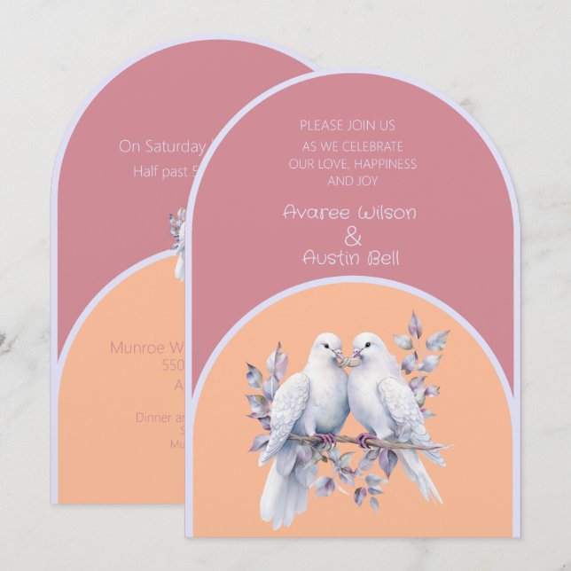 Doves Rings Dusty Pink Peach Fuzz Lavender Arched  Invitation (Front/Back)