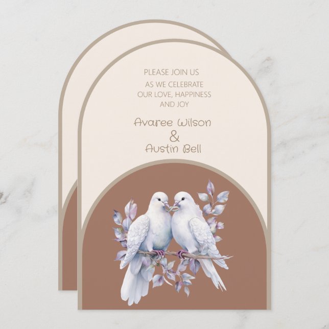 Doves Rings Mocha Mousse Light Beige Taupe Arched  Invitation (Front/Back)