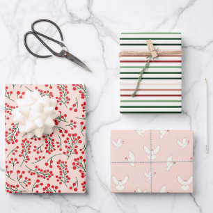 Doves Stripes Berries Muted Christmas Wrapping Paper Sheet