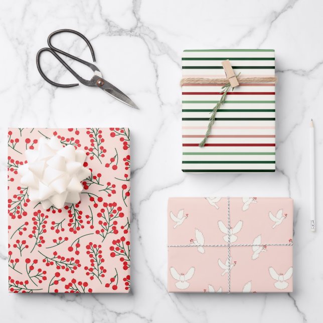 Doves Stripes Berries Muted Christmas Wrapping Paper Sheet (Front)