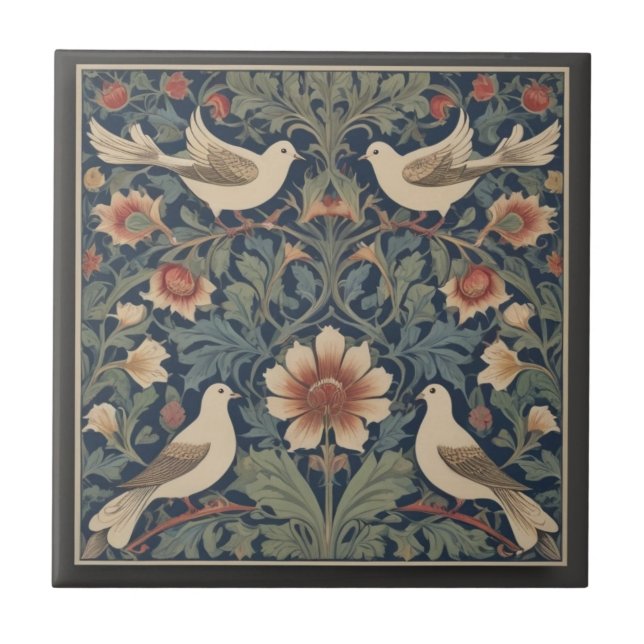 Doves William Morris style Four Dove Birds Tile (Front)