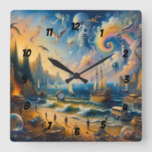 Down by the Sea: A Surreal Coastal Dreamscape Square Wall Clock