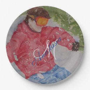 DOWN HILL SKIER PARTY MONOGRAM PAPER PLATE