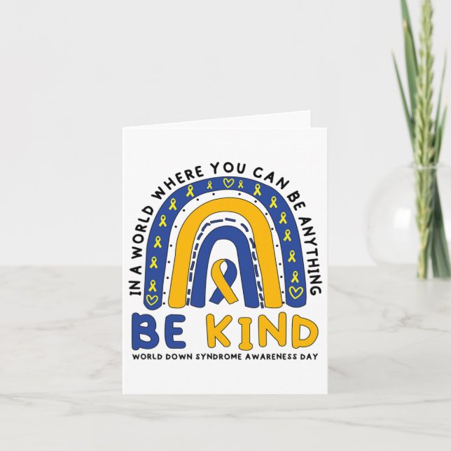 Down Syndrome Awareness Be Kind Blue Yellow Ribbon Card (Front)