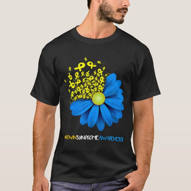 Down Syndrome Awareness Flower Ribbon Blue And Yel T-Shirt (Front)