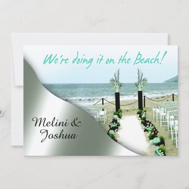 Down the Aisle Aqua Grey Silver Beach Wedding Invitation (Front)