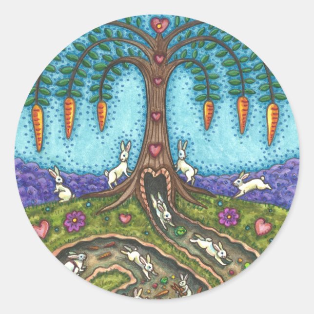 DOWN THE RABBIT HOLE, CARROT WILLOW TREE FOLK ART CLASSIC ROUND STICKER (Front)