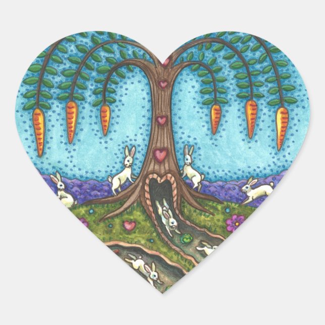 DOWN THE RABBIT HOLE, CARROT WILLOW TREE FOLK ART HEART STICKER (Front)