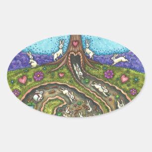 DOWN THE RABBIT HOLE, CARROT WILLOW TREE FOLK ART OVAL STICKER