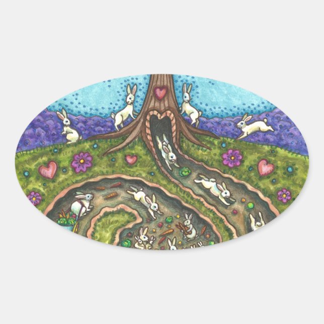 DOWN THE RABBIT HOLE, CARROT WILLOW TREE FOLK ART OVAL STICKER (Front)