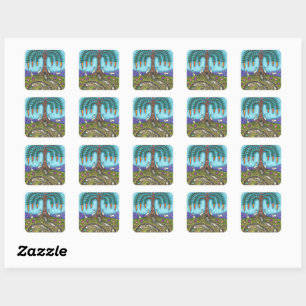 DOWN THE RABBIT HOLE, CARROT WILLOW TREE FOLK ART SQUARE STICKER