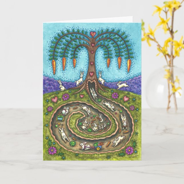 DOWN THE RABBIT HOLE, CARROT WILLOW TREE Fun Blank Card (Yellow Flower)