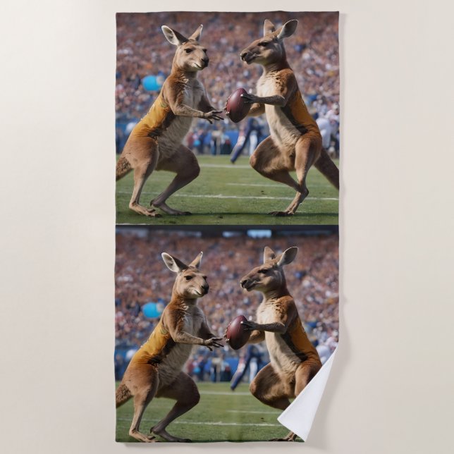 "Down Under Action: Kangaroos Playing Aussie Rules Beach Towel (Front)