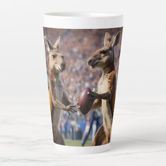 "Down Under Action: Kangaroos Playing Aussie Rules Latte Mug (Front)
