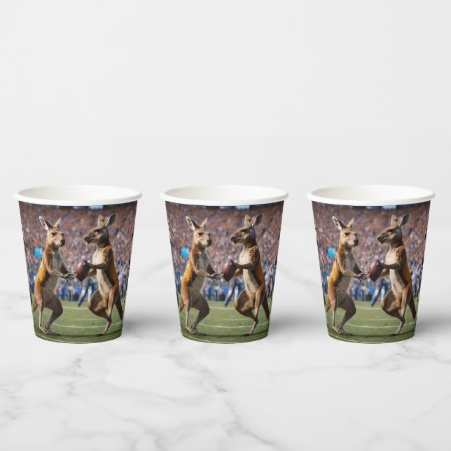 "Down Under Action: Kangaroos Playing Aussie Rules Paper Cups (Multi)