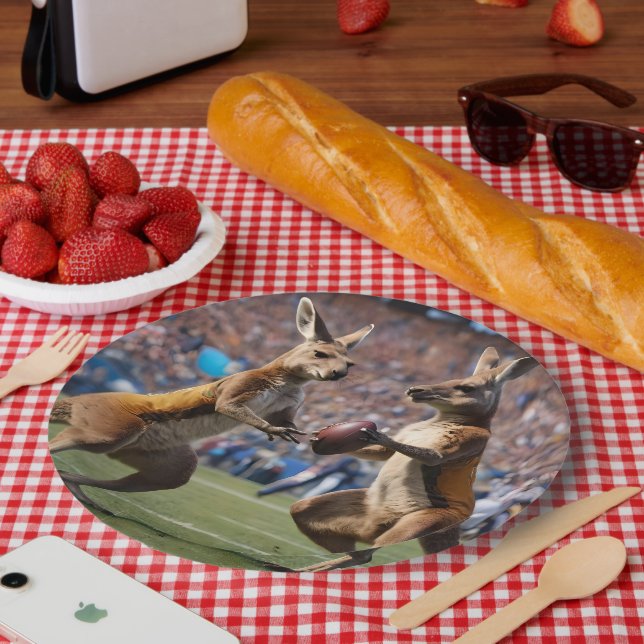 "Down Under Action: Kangaroos Playing Aussie Rules Paper Plate (Picnic)