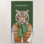 Down Vest Tiger | Add Your Name Beach Towel<br><div class="desc">This design features a tiger winter ready wearing his down vest,  green knit scarf and Christmas sweater.</div>