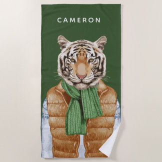 Down Vest Tiger | Add Your Name Beach Towel