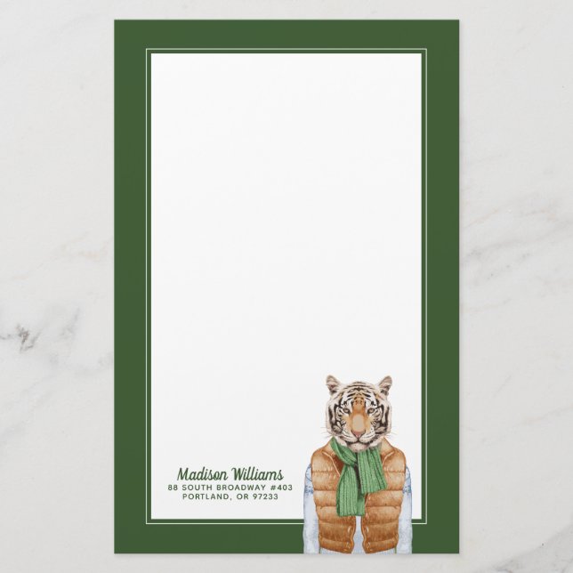 Down Vest Tiger | Add Your Name Stationery (Front)