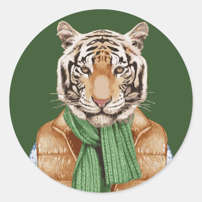 Down Vest Tiger Classic Round Sticker (Front)