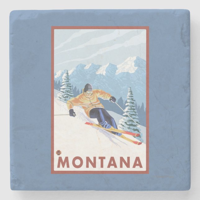 Downhhill Snow Skier - Montana Stone Coaster (Front)