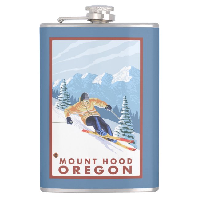 Downhhill Snow Skier - Mount Hood, Oregon Hip Flask (Front)