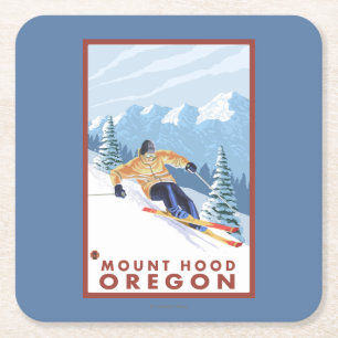 Downhhill Snow Skier - Mount Hood, Oregon Square Paper Coaster