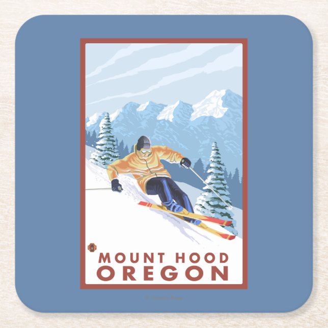 Downhhill Snow Skier - Mount Hood, Oregon Square Paper Coaster (Front)
