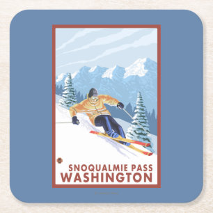 Downhhill Snow Skier - Snoqualmie Pass, WA Square Paper Coaster