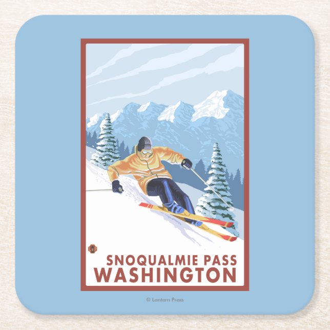 Downhhill Snow Skier - Snoqualmie Pass, WA Square Paper Coaster (Front)