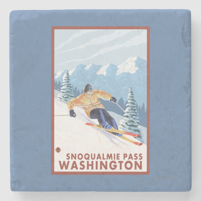 Downhhill Snow Skier - Snoqualmie Pass, WA Stone Coaster (Front)