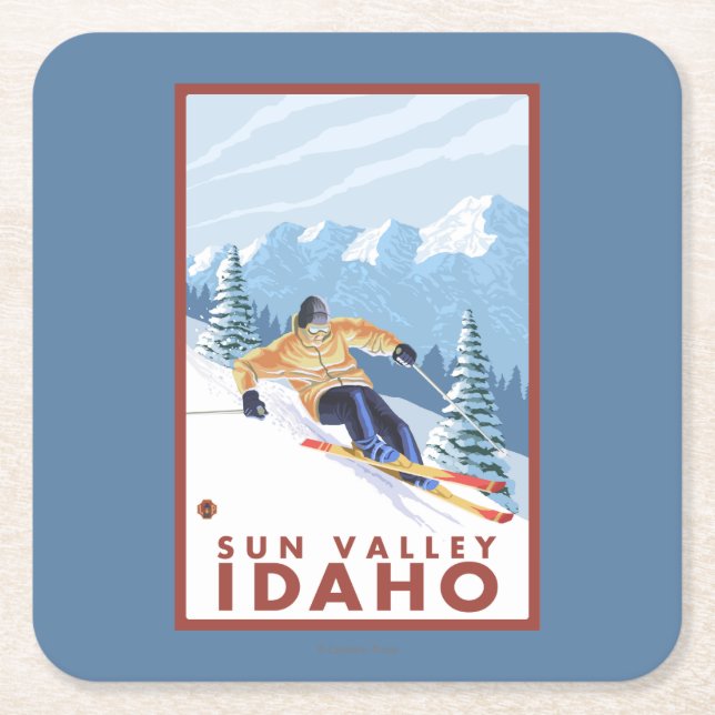 Downhhill Snow Skier - Sun Valley, Idaho Square Paper Coaster (Front)