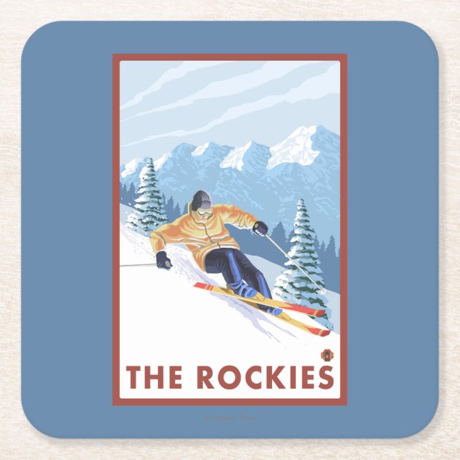 Downhhill Snow Skier - The Rockies Square Paper Coaster (Front)