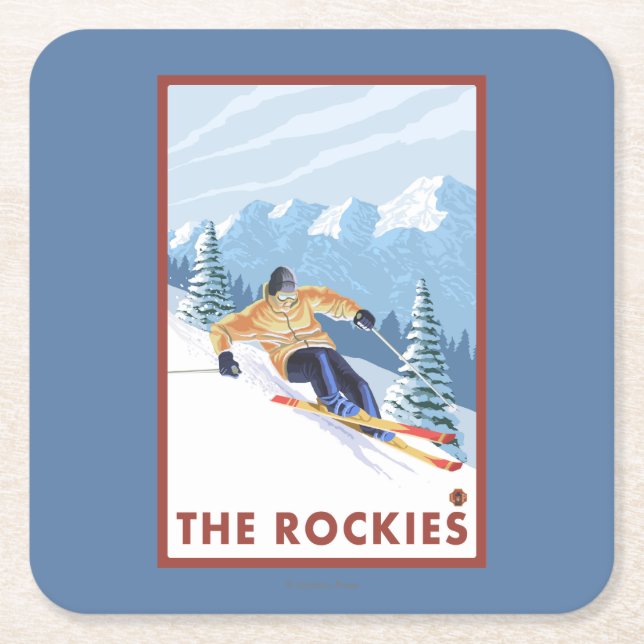 Downhhill Snow Skier - The Rockies Square Paper Coaster (Front)