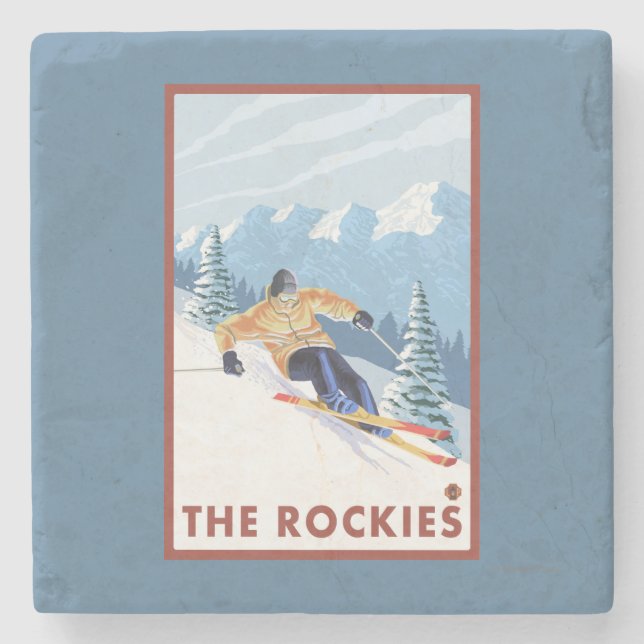 Downhhill Snow Skier - The Rockies Stone Coaster (Front)