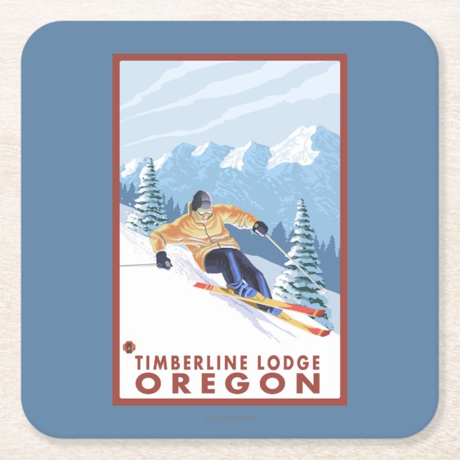 Downhhill Snow Skier - Timberline Lodge, Oregon Square Paper Coaster (Front)