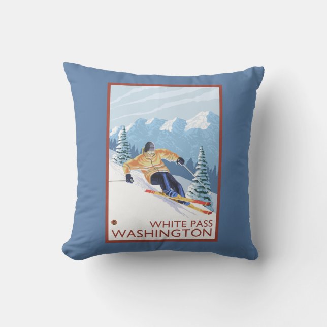 Downhhill Snow Skier - White Pass, Washington Cushion (Front)